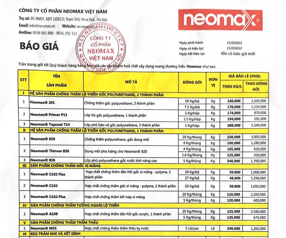 Bảng báo giá Neomax (Trang 1/2)