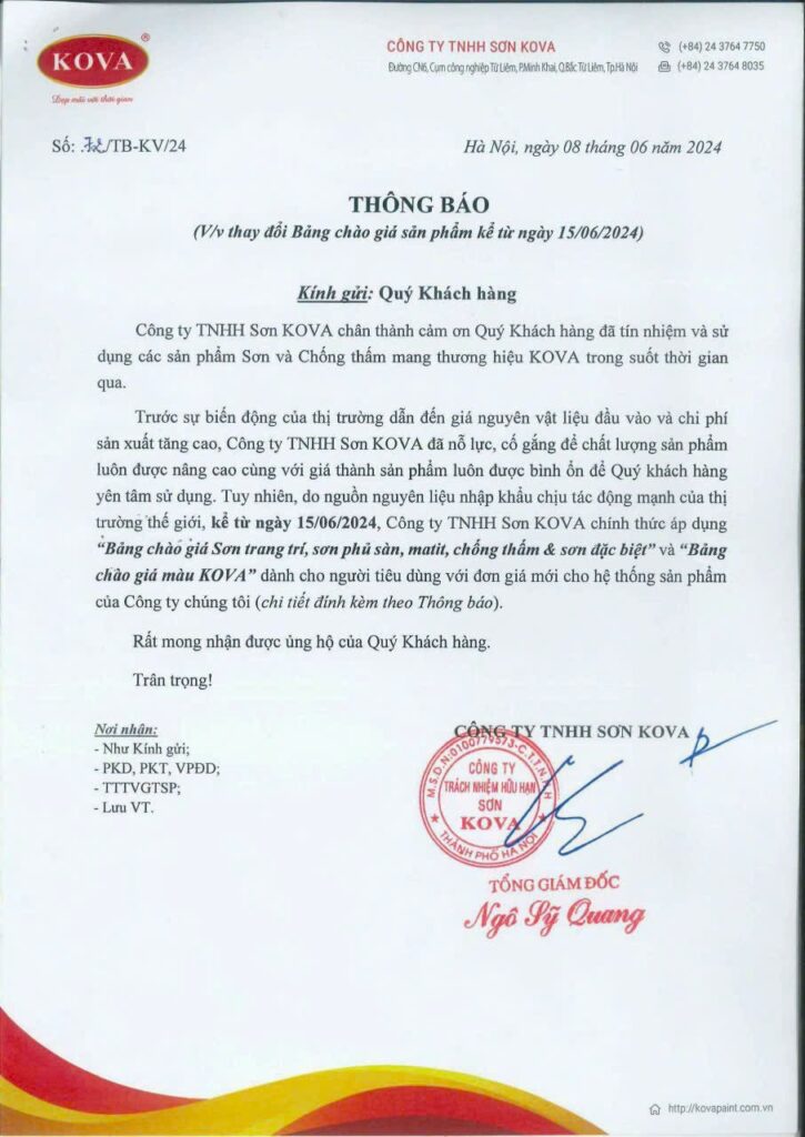 Thông báo tăng giá bán của Sơn Kova kể từ ngày 15 tháng 6 năm 2024